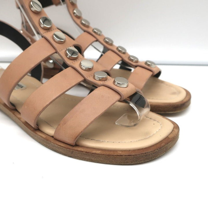 Balenciaga Studded Gladiator Sandals Nude Leather Size 36 Ankle Strap Flats - Celebrity Owned