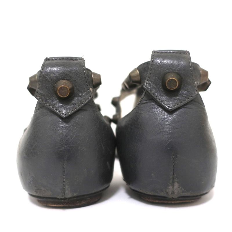 Balenciaga Studded T-Strap Sandals Dark Gray Leather Size 37.5 Flat Thong - Celebrity Owned