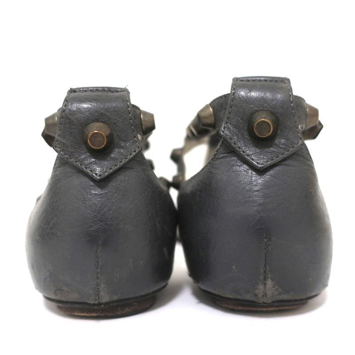 Balenciaga Studded T-Strap Sandals Dark Gray Leather Size 37.5 Flat Thong - Celebrity Owned