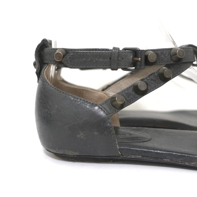 Balenciaga Studded T-Strap Sandals Dark Gray Leather Size 37.5 Flat Thong - Celebrity Owned