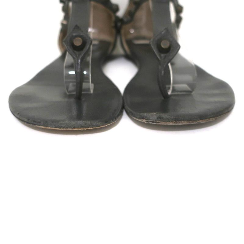 Balenciaga Studded T-Strap Sandals Dark Gray Leather Size 37.5 Flat Thong - Celebrity Owned
