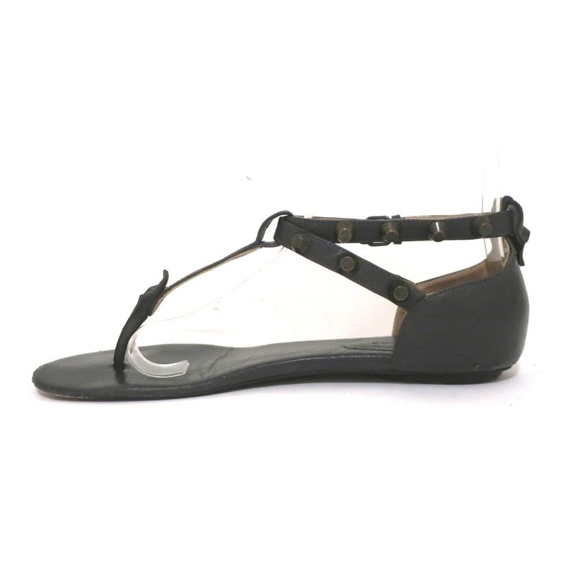 Balenciaga Studded T-Strap Sandals Dark Gray Leather Size 37.5 Flat Thong - Celebrity Owned