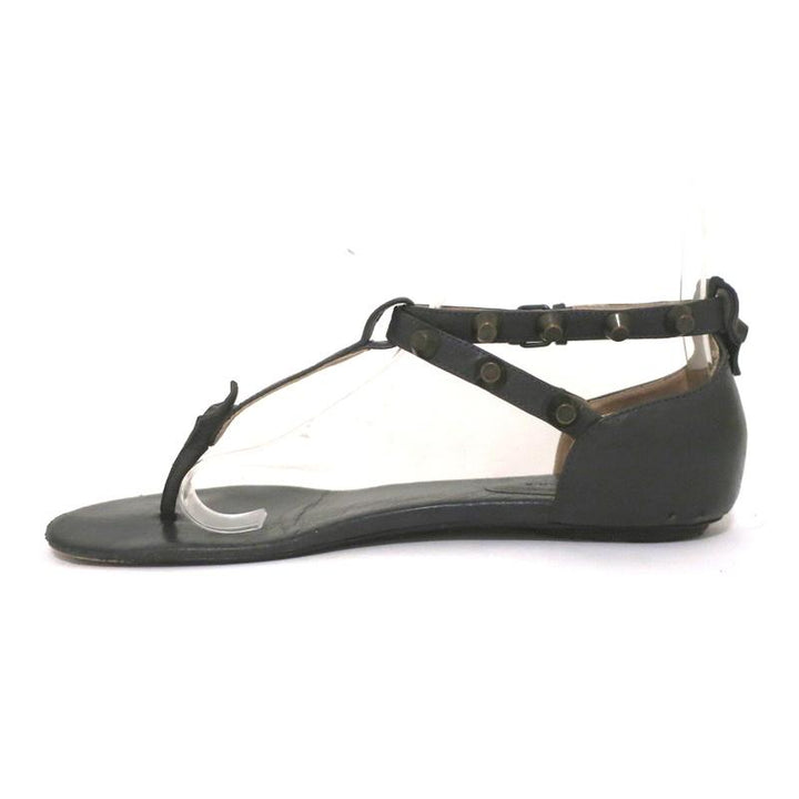 Balenciaga Studded T-Strap Sandals Dark Gray Leather Size 37.5 Flat Thong - Celebrity Owned