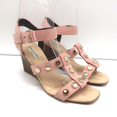 Balenciaga Studded Wedge Sandals Pink Suede Size 36 Ankle Strap Heels - Celebrity Owned