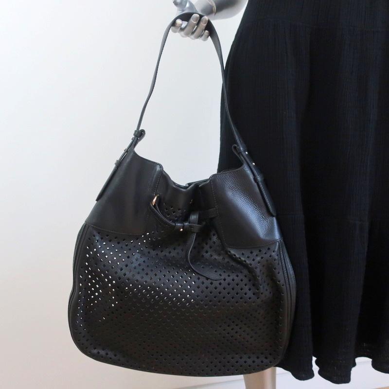 Bally Pamia Hobo Black Laser Cut Leather Extra Large Shoulder Bag NEW - Celebrity Owned