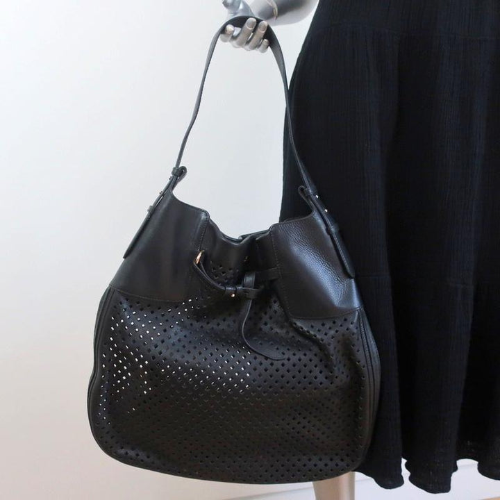 Bally Pamia Hobo Black Laser Cut Leather Extra Large Shoulder Bag NEW - Celebrity Owned