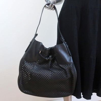 Bally Pamia Hobo Black Laser Cut Leather Extra Large Shoulder Bag NEW - Celebrity Owned