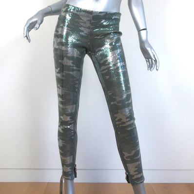 Balmain Sequin Camouflage Leggings Light Green Size 38 - Celebrity Owned