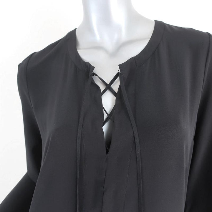 Barbara Bui Lace-Up Dress Black Silk Size 42 Long Sleeve Shift - Celebrity Owned