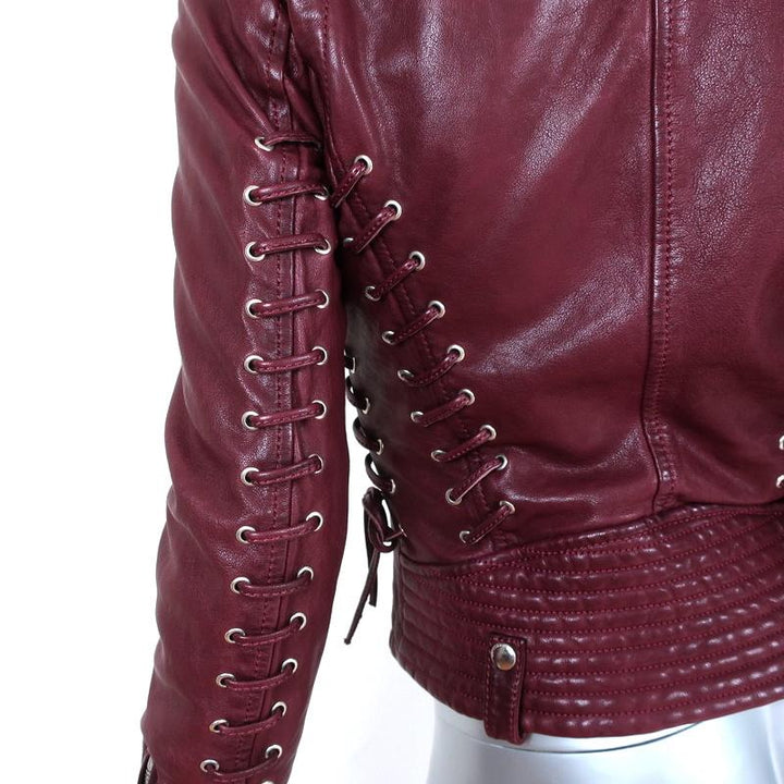 Barbara Bui Lace-Up Leather Motorcycle Jacket Burgundy Size 38 - Celebrity Owned