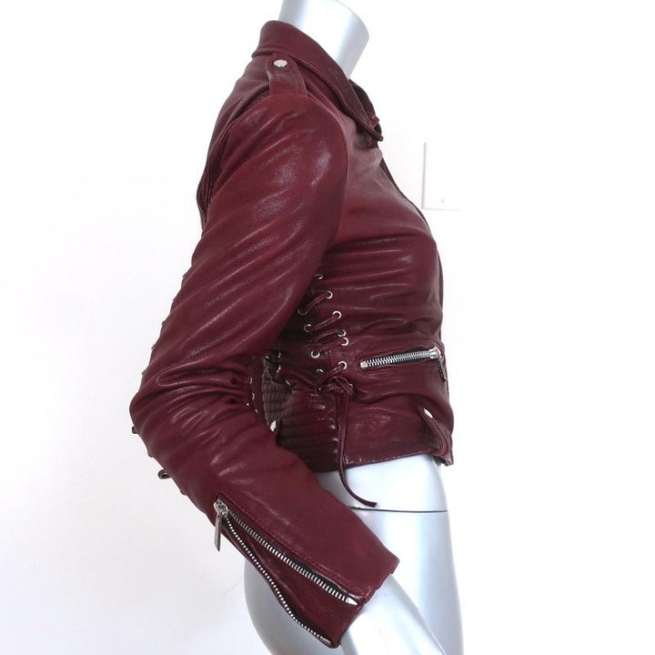 Barbara Bui Lace-Up Leather Motorcycle Jacket Burgundy Size 38 - Celebrity Owned