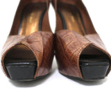 Barbara Bui Platform Pumps Brown Croc-Embossed Leather Size 37 Peep Toe Heels - Celebrity Owned