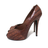 Barbara Bui Platform Pumps Brown Croc-Embossed Leather Size 37 Peep Toe Heels - Celebrity Owned