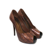 Barbara Bui Platform Pumps Brown Croc-Embossed Leather Size 37 Peep Toe Heels - Celebrity Owned