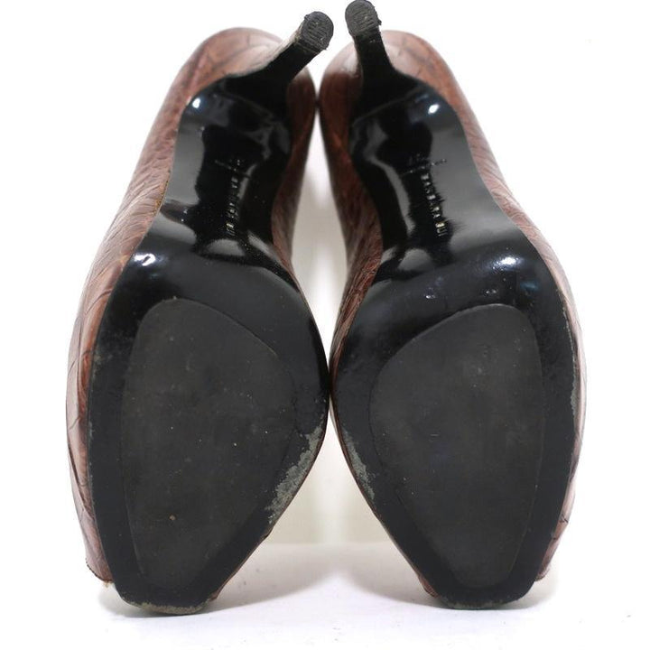 Barbara Bui Platform Pumps Brown Croc-Embossed Leather Size 37 Peep Toe Heels - Celebrity Owned