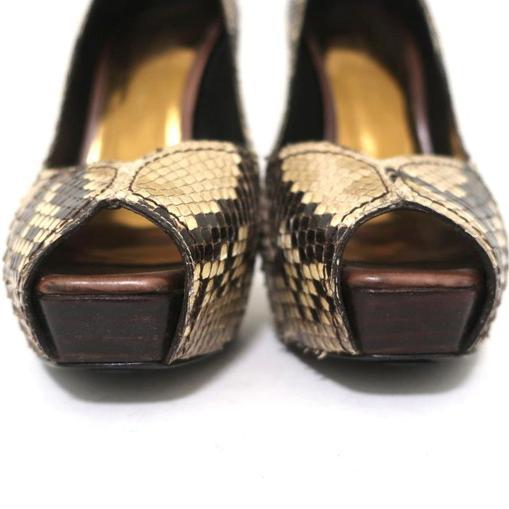 Barbara Bui Platform Pumps Ivory Snakeskin Size 37 Peep Toe Heels - Celebrity Owned