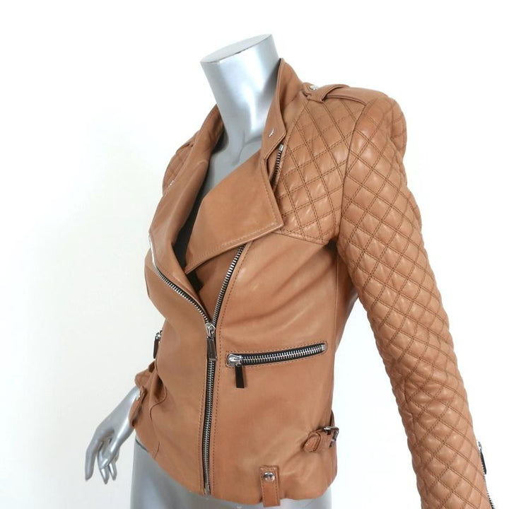 Barbara Bui Quilted Leather Motorcycle Jacket Camel Size 38 - Celebrity Owned