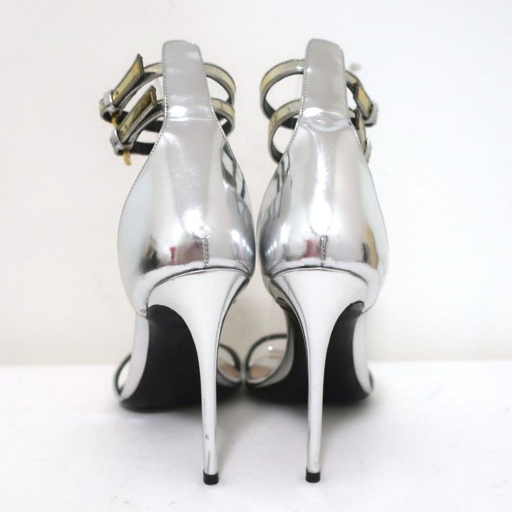 Barbara Bui Sandals Silver &amp; Gold Mirrored Leather Size 39 Ankle Strap Heels - Celebrity Owned