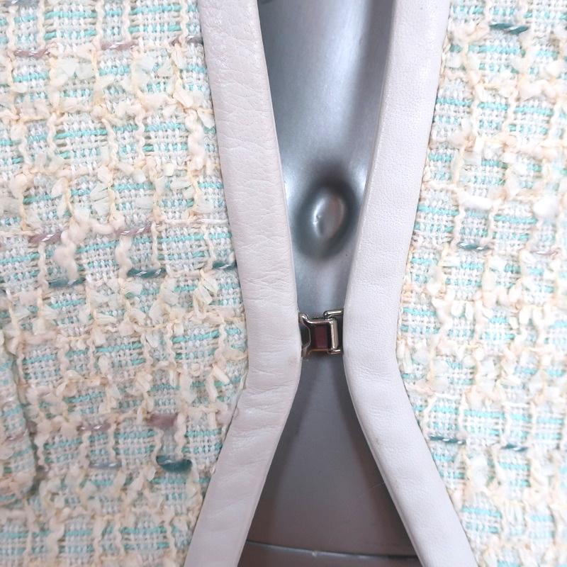 Barbara Bui Studded Tweed Jacket Cream/Blue Leather-Trim Cotton Blend Size 40 - Celebrity Owned