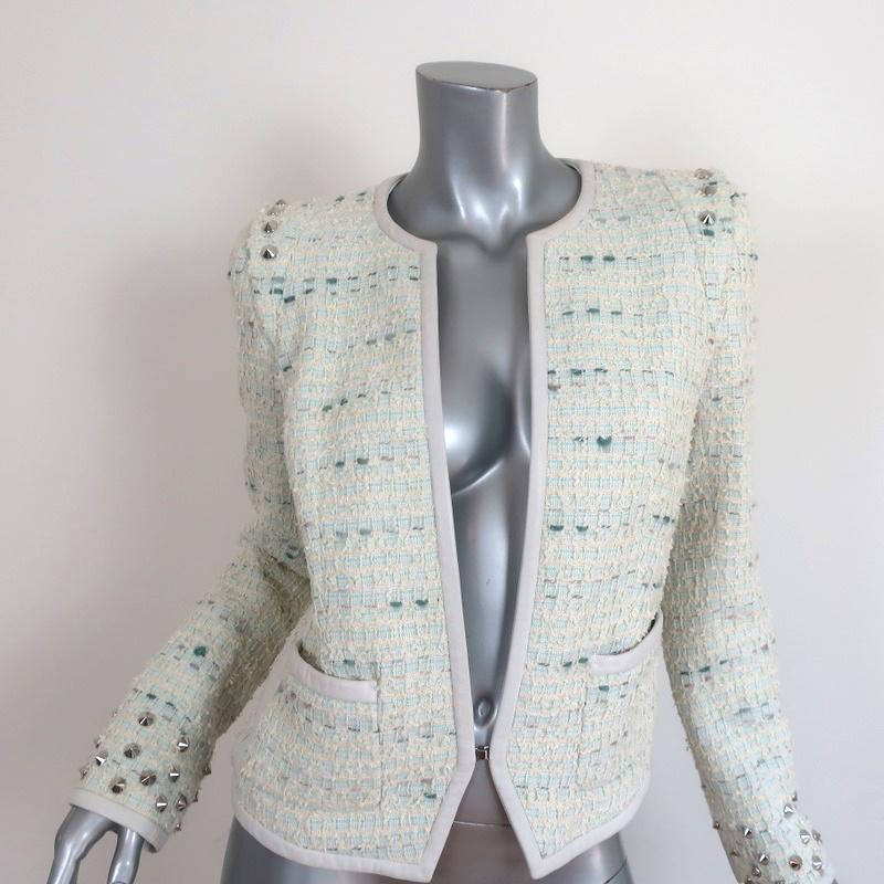 Barbara Bui Studded Tweed Jacket Cream/Blue Leather-Trim Cotton Blend Size 40