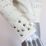 Barbara Bui Studded Tweed Jacket Cream/Blue Leather-Trim Cotton Blend Size 40 - Celebrity Owned