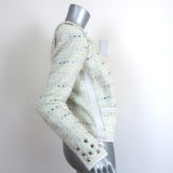 Barbara Bui Studded Tweed Jacket Cream/Blue Leather-Trim Cotton Blend Size 40 - Celebrity Owned