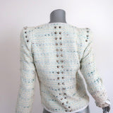 Barbara Bui Studded Tweed Jacket Cream/Blue Leather-Trim Cotton Blend Size 40 - Celebrity Owned