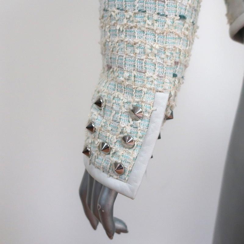 Barbara Bui Studded Tweed Jacket Cream/Blue Leather-Trim Cotton Blend Size 40 - Celebrity Owned