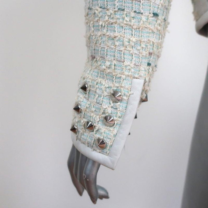 Barbara Bui Studded Tweed Jacket Cream/Blue Leather-Trim Cotton Blend Size 40 - Celebrity Owned