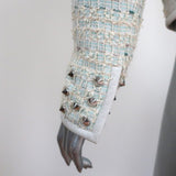 Barbara Bui Studded Tweed Jacket Cream/Blue Leather-Trim Cotton Blend Size 40 - Celebrity Owned