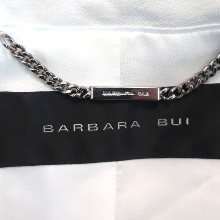 Barbara Bui Studded Tweed Jacket Cream/Blue Leather-Trim Cotton Blend Size 40 - Celebrity Owned