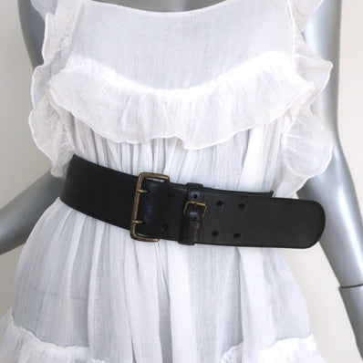 Barneys New York Double Buckle Wide Belt Black Leather Size 75 US 30 - Celebrity Owned