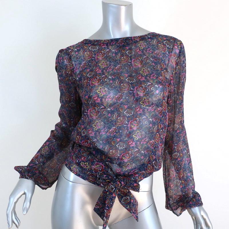 Ba&amp;sh Open Back Blouse Danny Navy/Multi Floral Print Size 1 Long Sleeve Top - Celebrity Owned