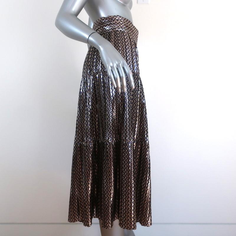 Ba&amp;sh Tiered Midi Skirt Gold Poly Pleated Metallic Chevron Print Size Small NEW - Celebrity Owned