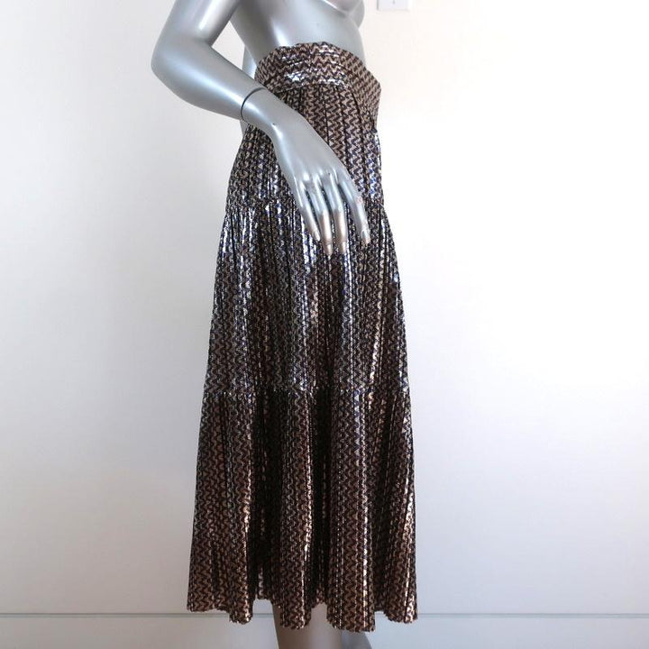 Ba&amp;sh Tiered Midi Skirt Gold Poly Pleated Metallic Chevron Print Size Small NEW - Celebrity Owned