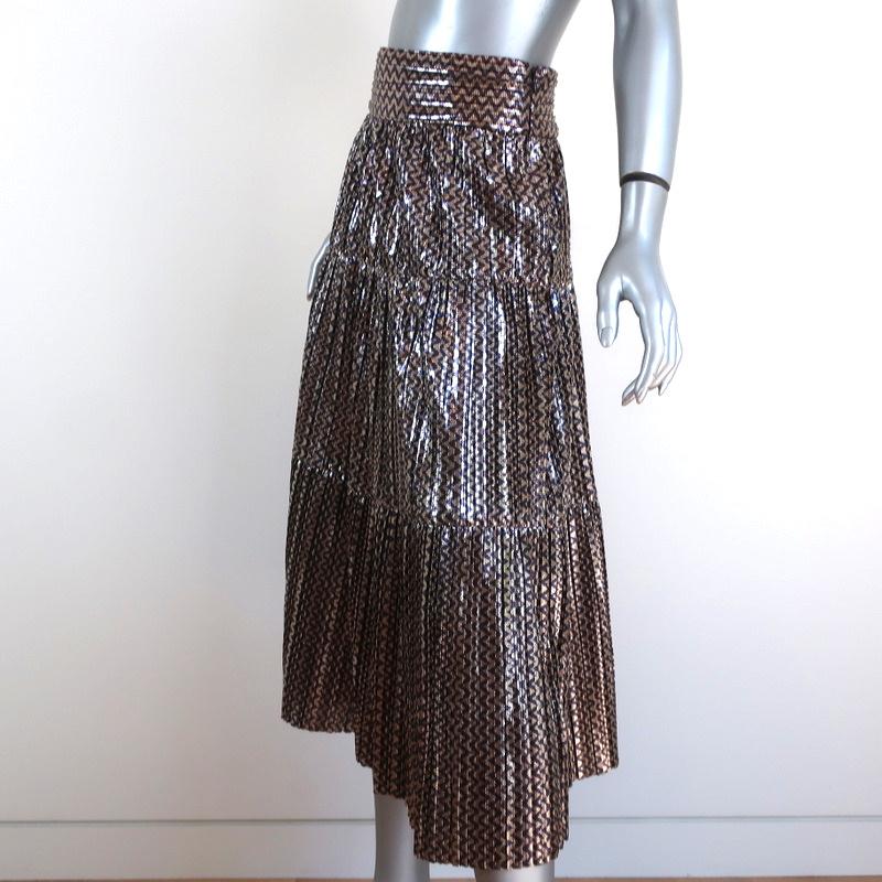 Ba&amp;sh Tiered Midi Skirt Gold Poly Pleated Metallic Chevron Print Size Small NEW - Celebrity Owned