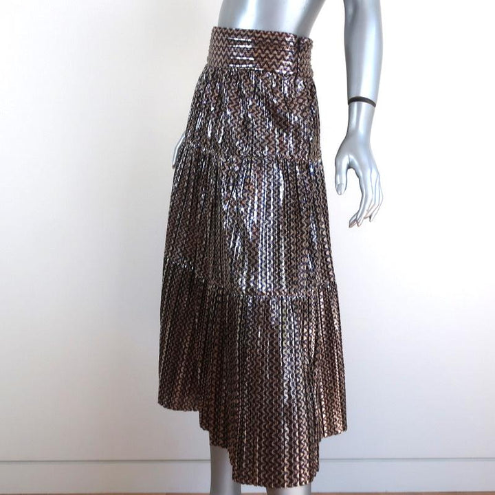 Ba&amp;sh Tiered Midi Skirt Gold Poly Pleated Metallic Chevron Print Size Small NEW - Celebrity Owned
