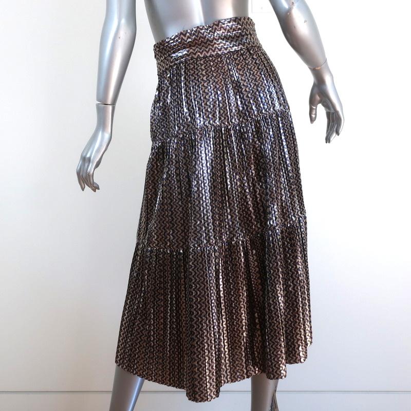 Ba&amp;sh Tiered Midi Skirt Gold Poly Pleated Metallic Chevron Print Size Small NEW - Celebrity Owned