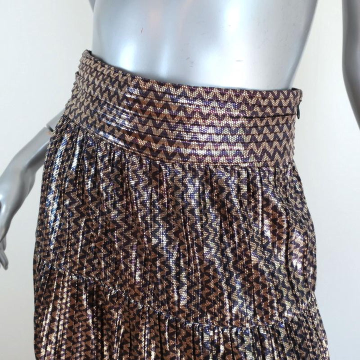 Ba&amp;sh Tiered Midi Skirt Gold Poly Pleated Metallic Chevron Print Size Small NEW - Celebrity Owned