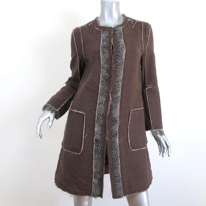 BCBGMAXAZRIA Runway Coat Brown Feather &amp; Chain-Trim Wool Size Small - Celebrity Owned