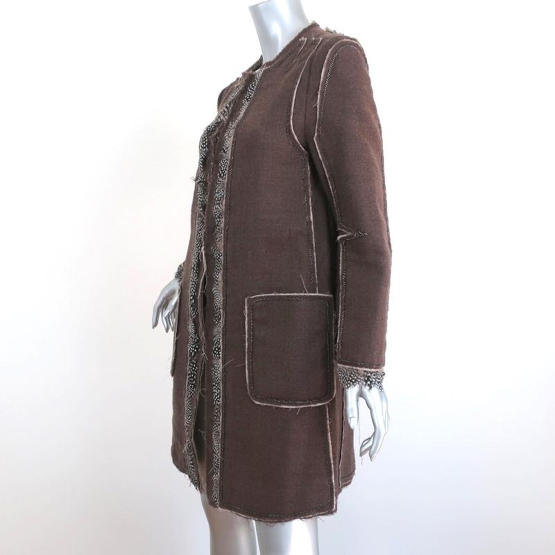 BCBGMAXAZRIA Runway Coat Brown Feather &amp; Chain-Trim Wool Size Small - Celebrity Owned