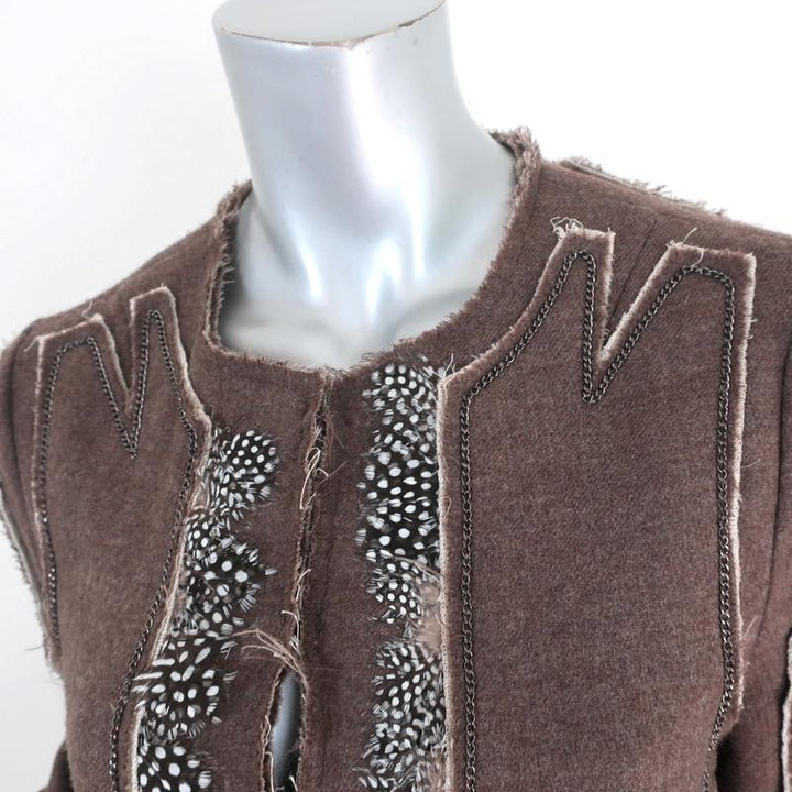 BCBGMAXAZRIA Runway Coat Brown Feather &amp; Chain-Trim Wool Size Small - Celebrity Owned