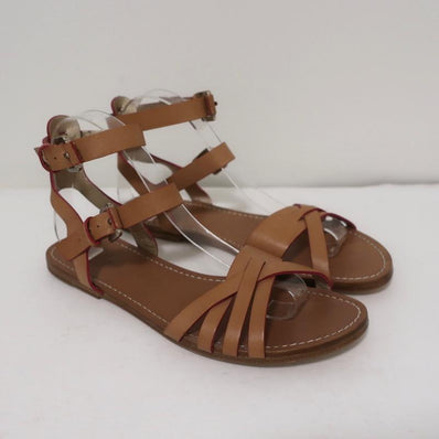 Belle by Sigerson Morrison Sandals Tan Leather Size 9 Double Ankle Strap Flats - Celebrity Owned