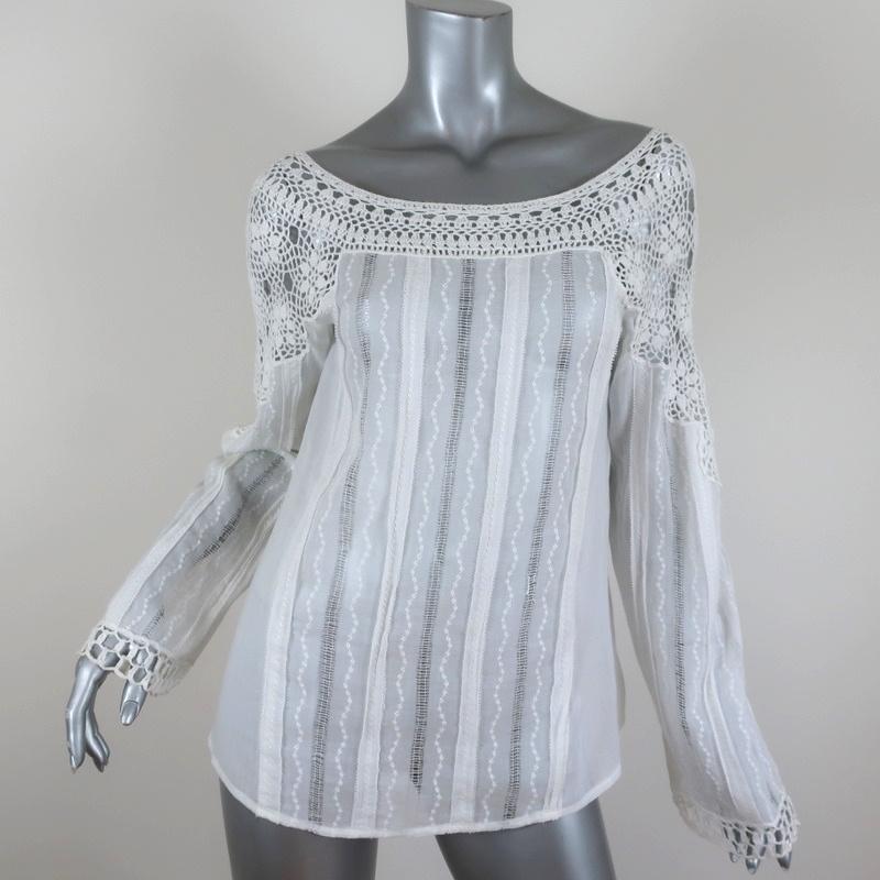 Blumarine Blouse White Crochet Lace-Trim Cotton Size 44 Long