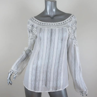 Blumarine Blouse White Crochet Lace-Trim Cotton Size 44 Long Sleeve Top - Celebrity Owned