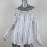 Blumarine Blouse White Crochet Lace-Trim Cotton Size 44 Long Sleeve Top - Celebrity Owned