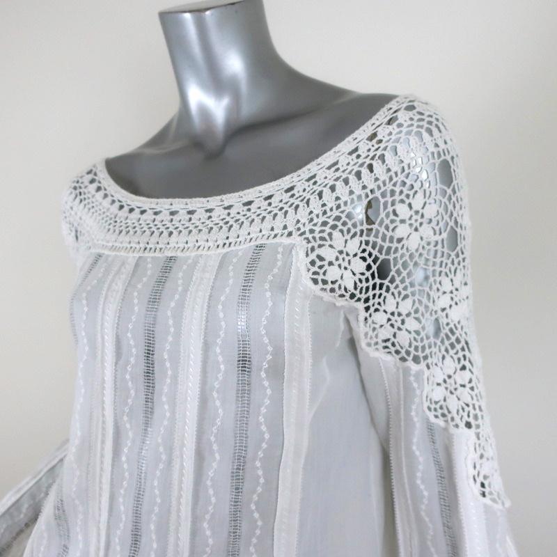 Blumarine Blouse White Crochet Lace-Trim Cotton Size 44 Long