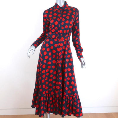 Borgo de Nor Midi Dress Augusta Navy Printed Cotton Size 8 Belted Shirtdress - Celebrity Owned
