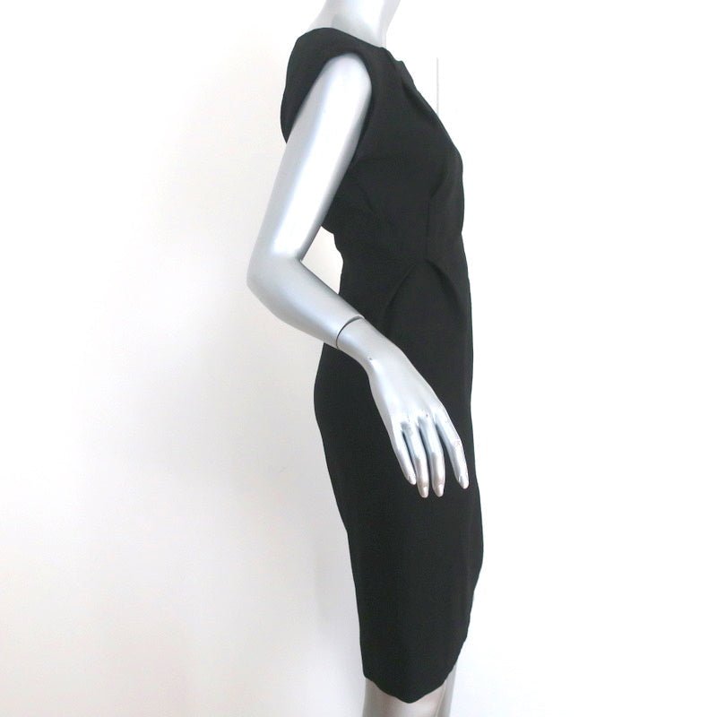 Bottega Veneta Dress Black Pleated Virgin Wool Size 40 Cap Sleeve Sheath - Celebrity Owned