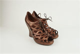 Bottega Veneta Lace-Up Booties Copper Snakeskin Size 39 Peep Toe Platform Wedge MFR - Celebrity Owned